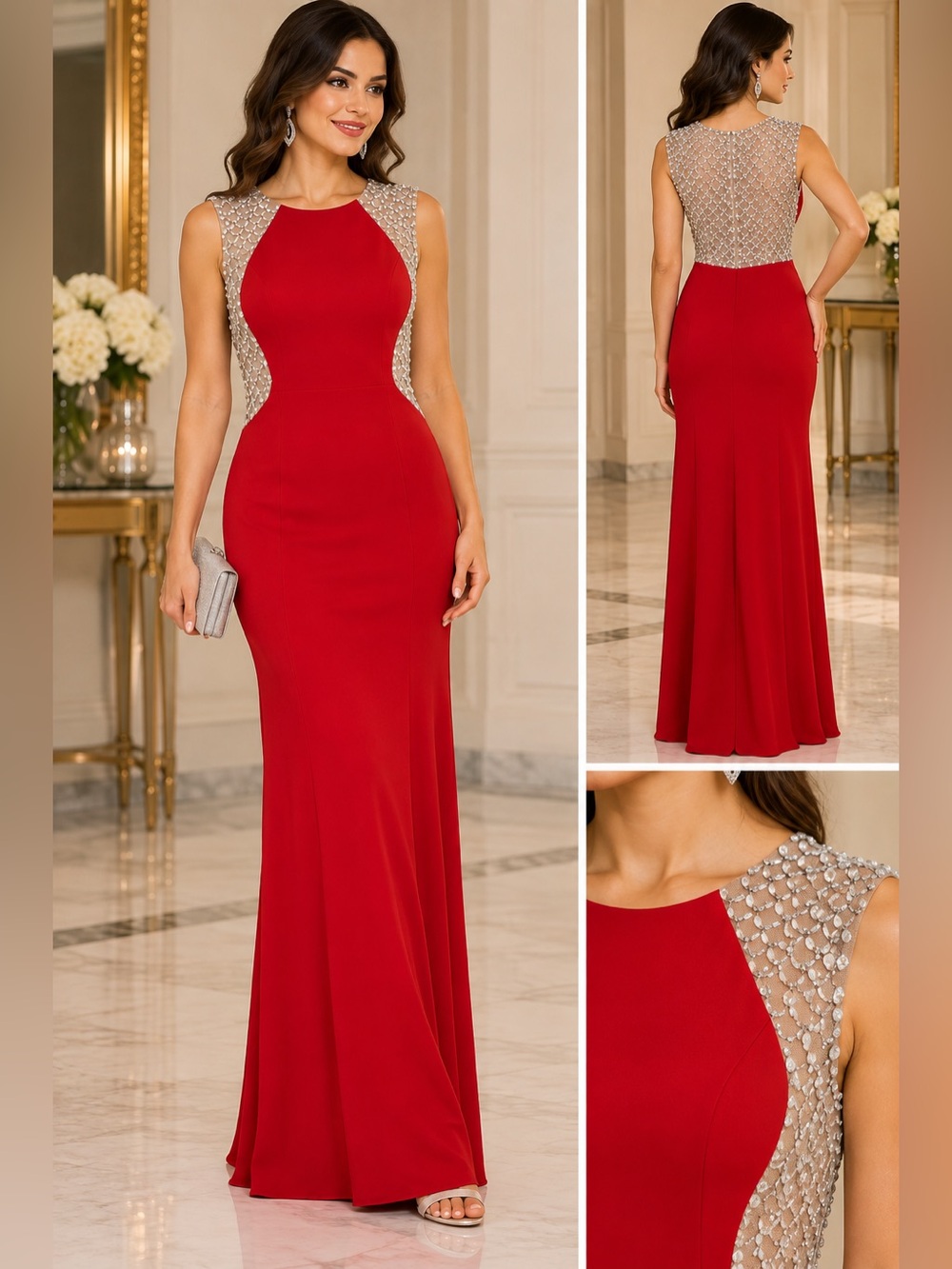 Red Beaded Insets Maxi Dress